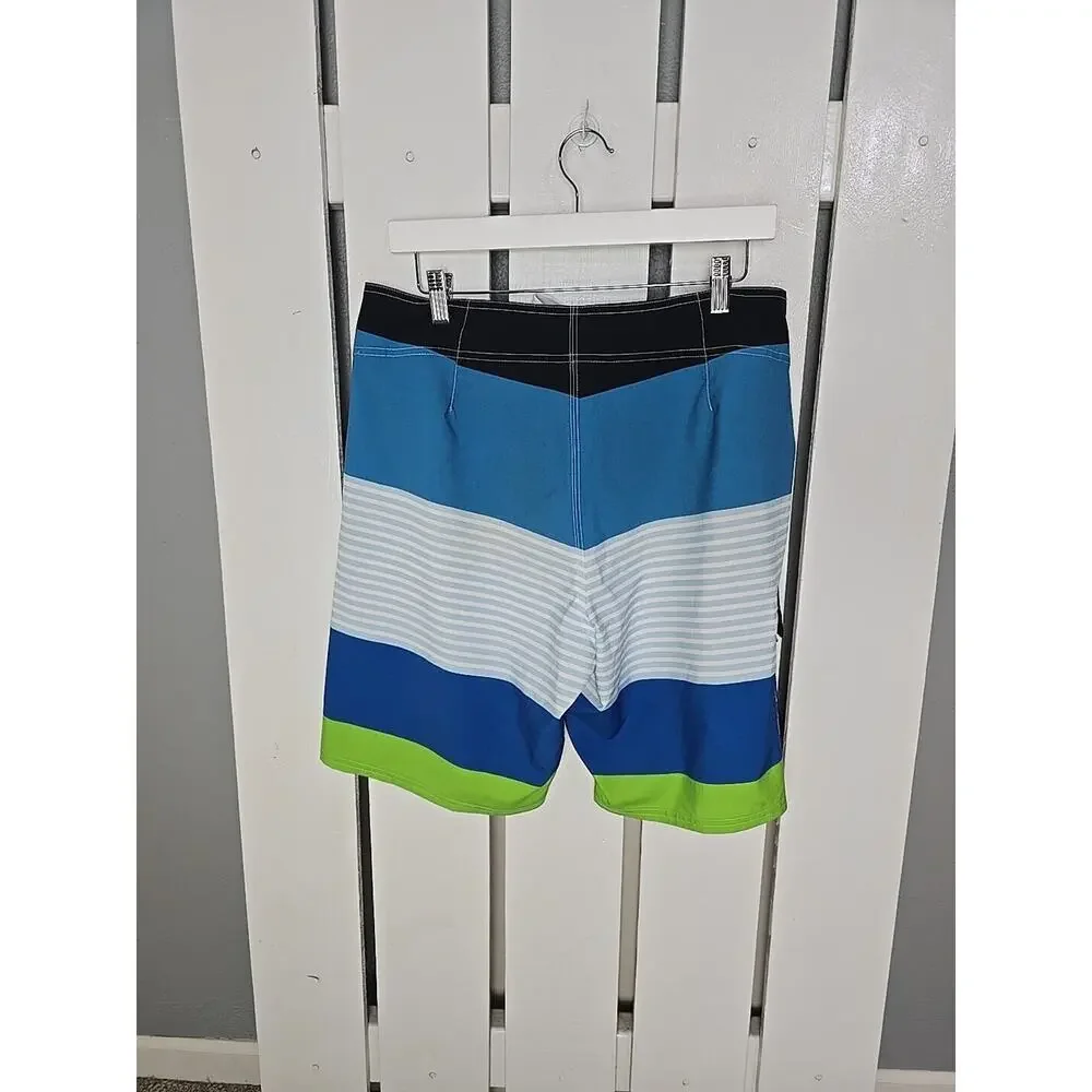 Rusty Board Shorts Striped Blue Green Hook & Loop Mens Size 33 Surfer Beach